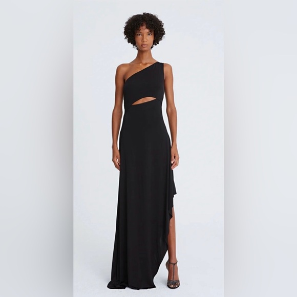 Halston NWT Clara Jersey Cascade cut out lined Black One-Shoulder Gown.